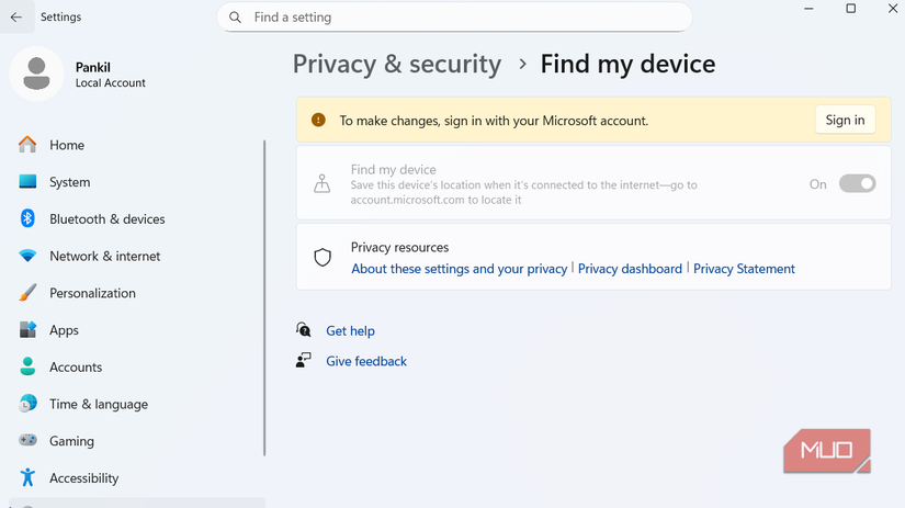 Find my device on Windows Local account