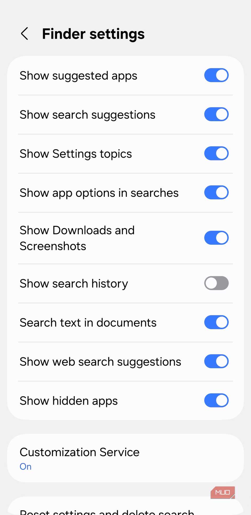 Finder settings menu on Samsung Galaxy phone