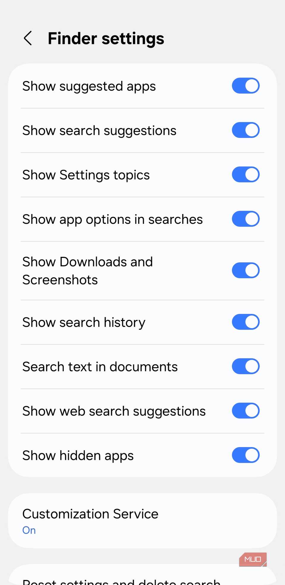 Finder settings menu on Samsung phone