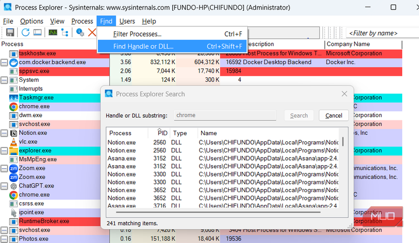 Finding a process through search in Process Explorer