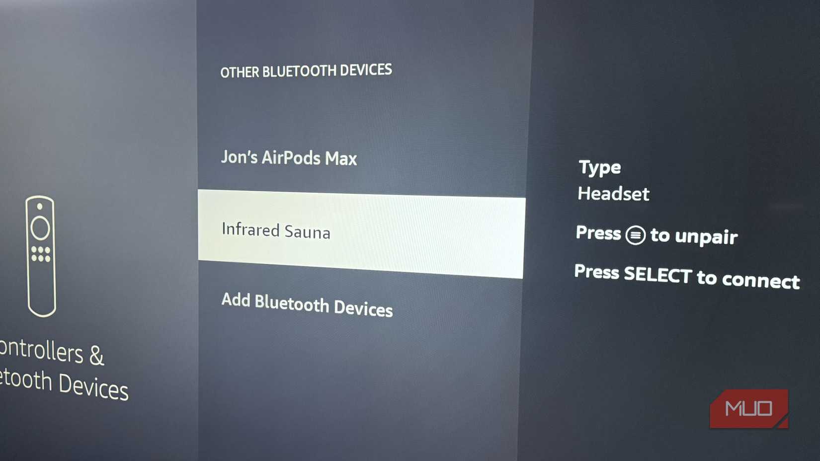 Fire TV Controllers & Bluetooth Devices Menu