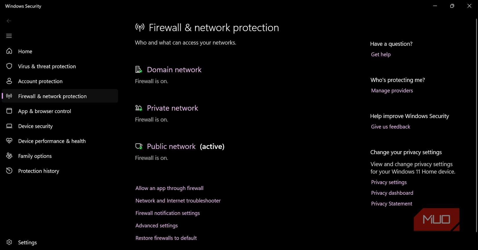 Screenshot of the Firewall & network protection page in Windows Security.