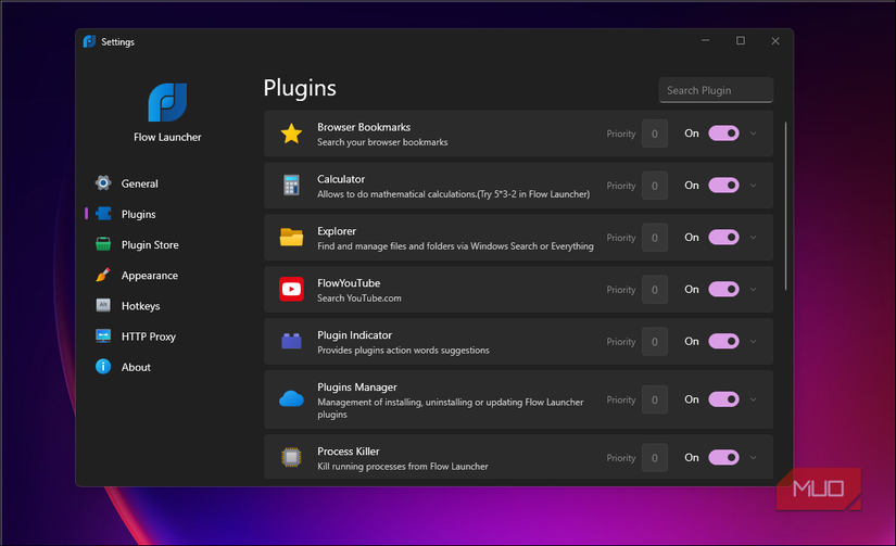 Flow Launcher settings window displaying plugin tab
