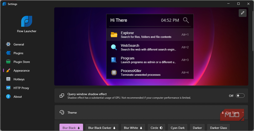 Flow Launcher settings window showing the Appearance tab with theme options and a preview of the launcher interface