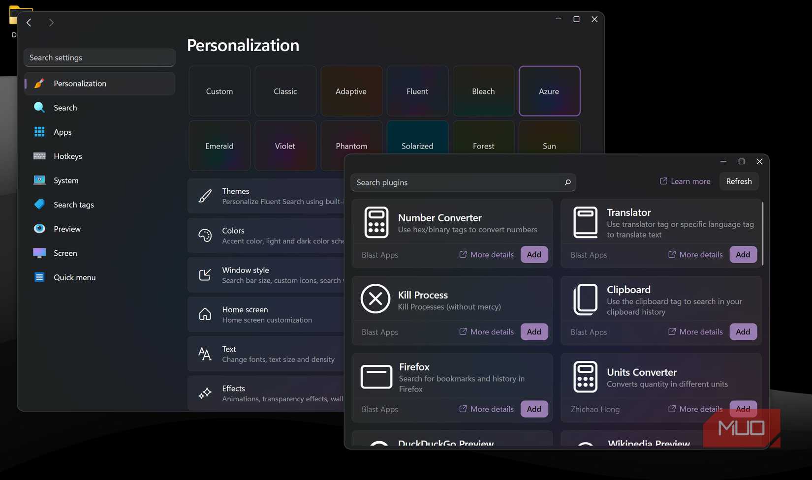 Fluent Search personalization settings and plugin page. 