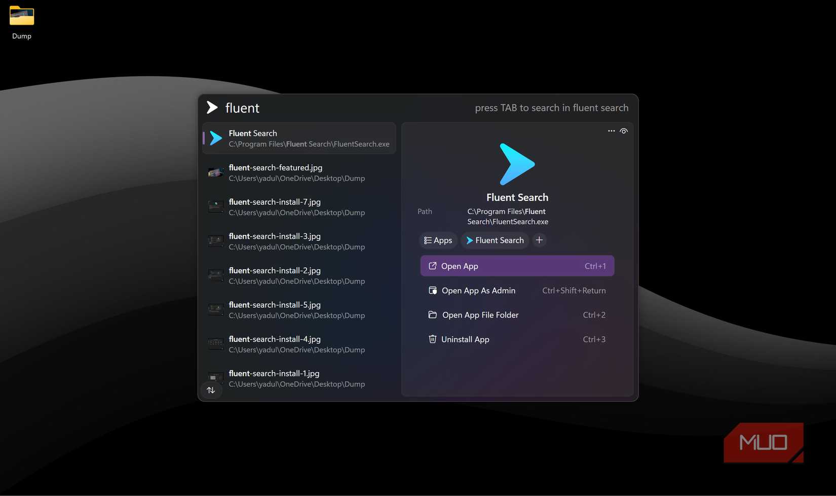 Fluent Search app running on a Windows 11 PC. 