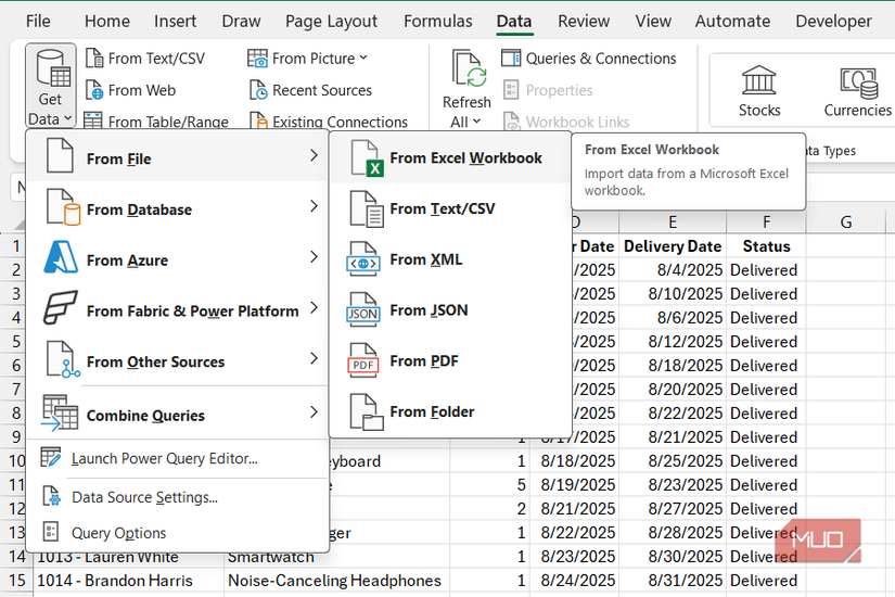 Getting data from an Excel workbook using Power Query