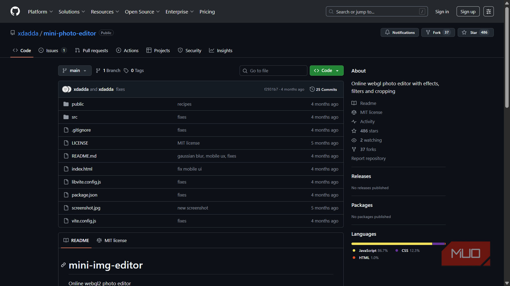 GitHub repo page for mini-photo-editor with file structure and project info.