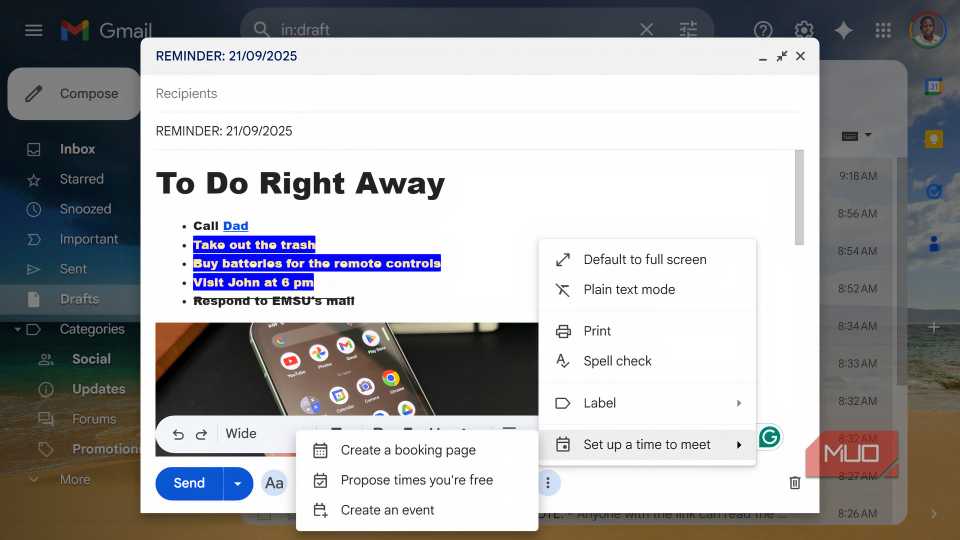 Gmail draft with 'To Do Right Away' list and menu options open.