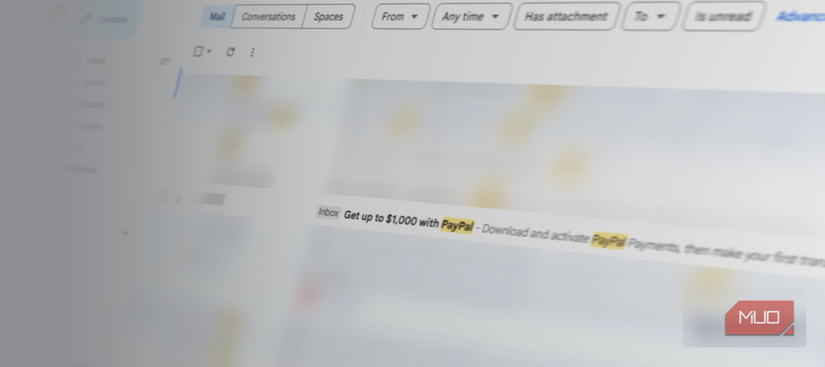 Gmail inbox showing paypal email