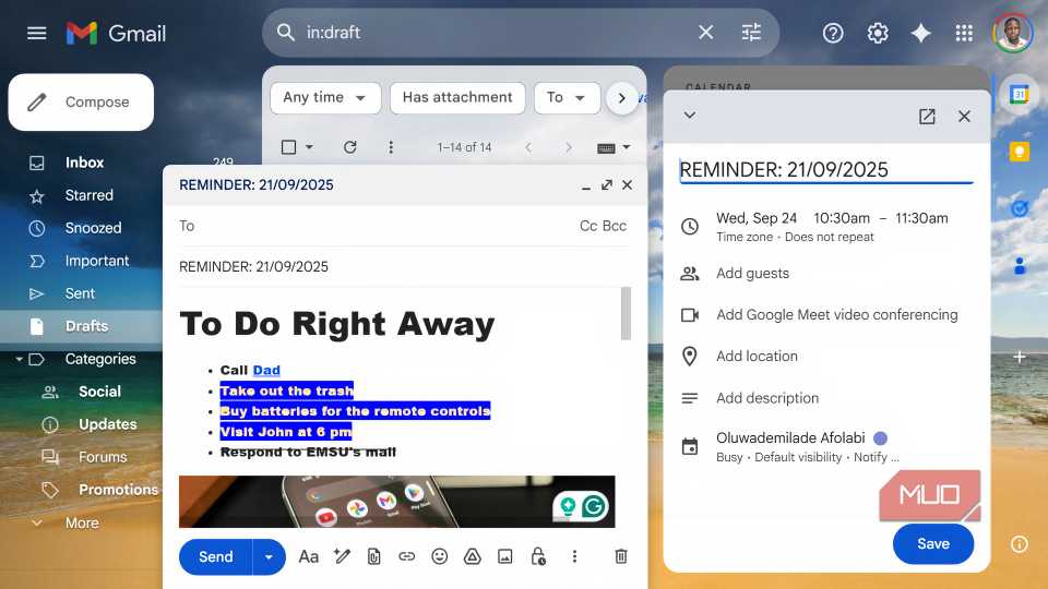 Gmail reminder draft with a calendar event opened by the side.