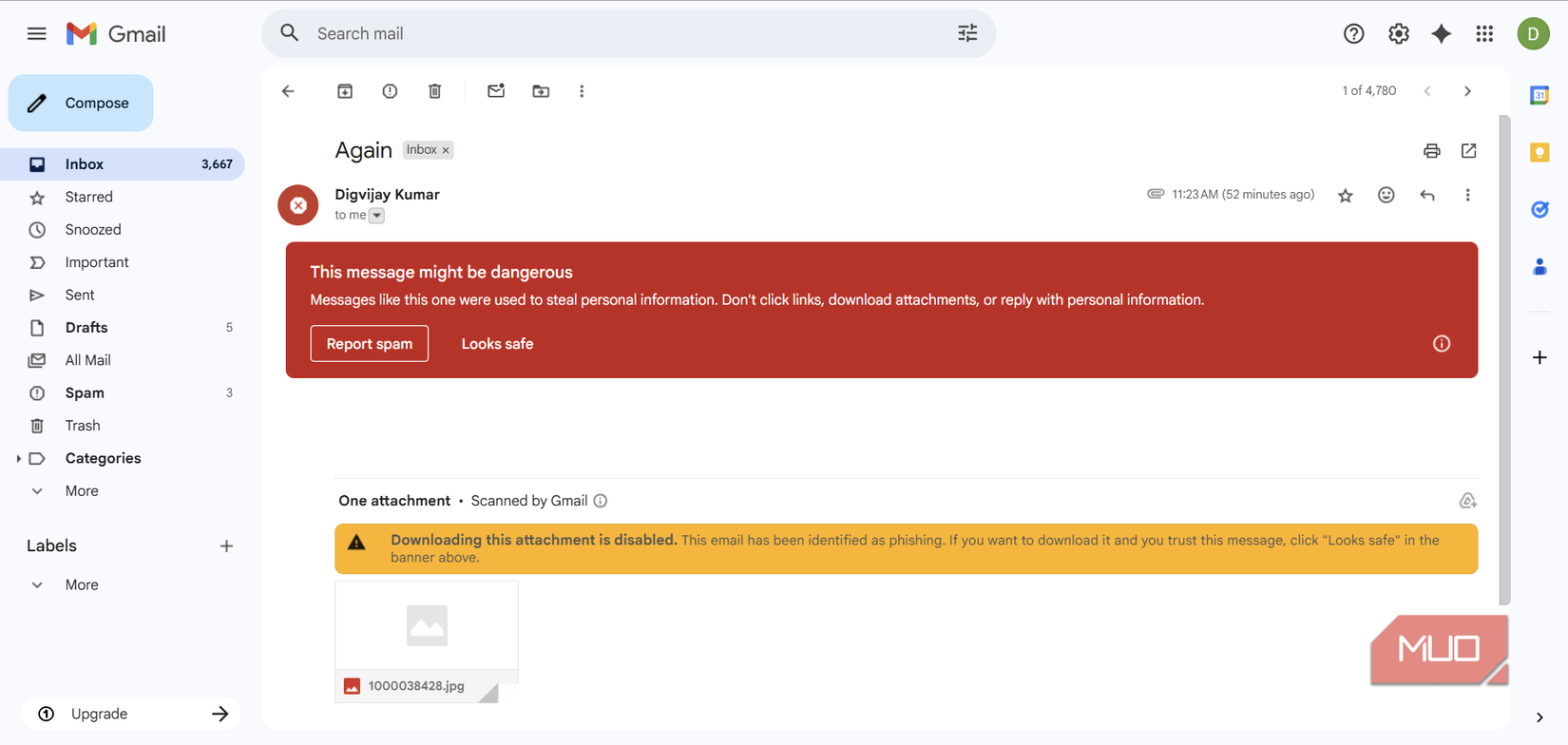 Gmail warning banner on a suspicious email
