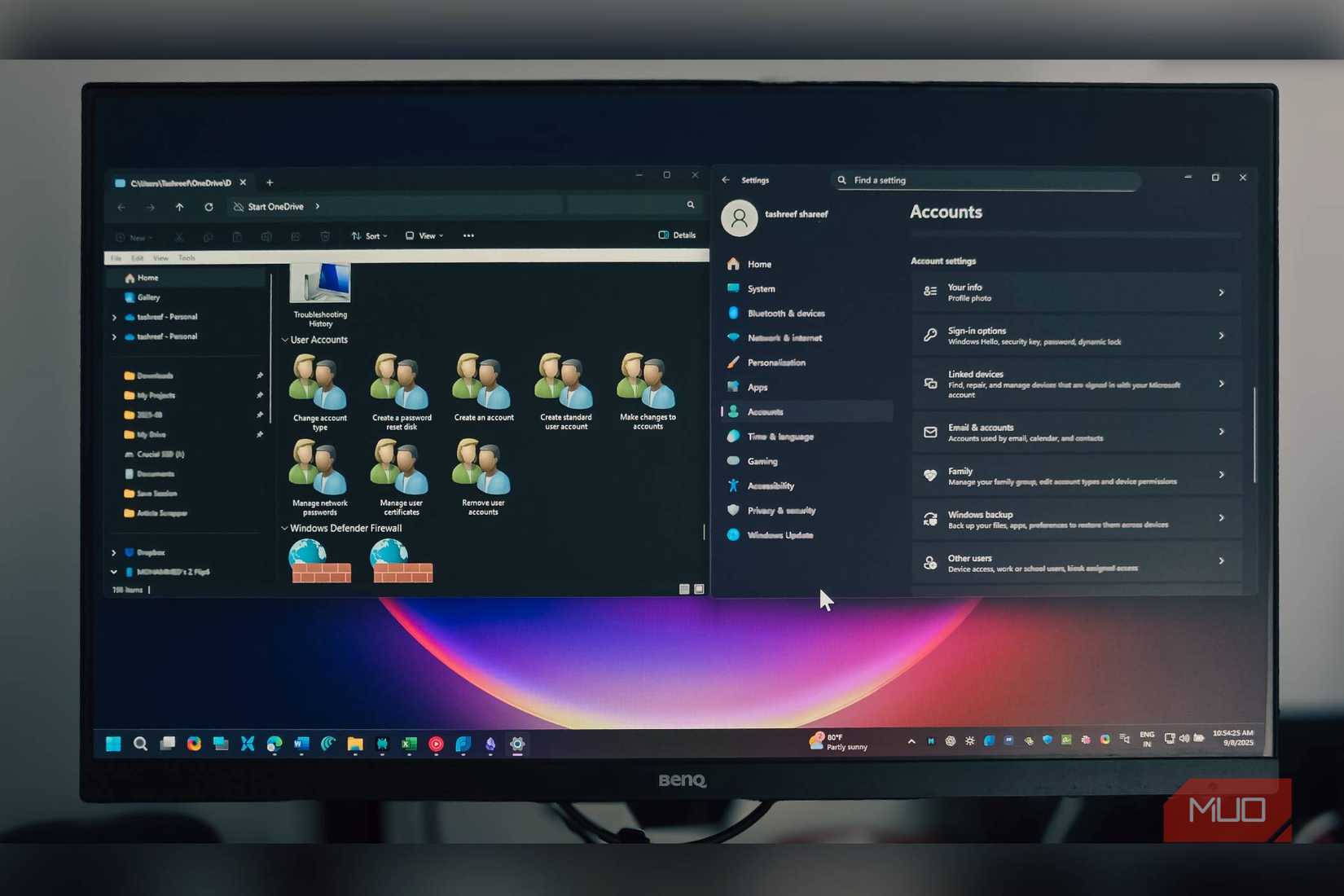 God Mode folder and the Settings app open on Windows 11 with a BENQ monitor