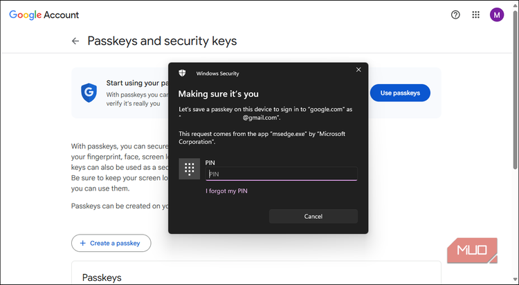 Google account passkey creation process
