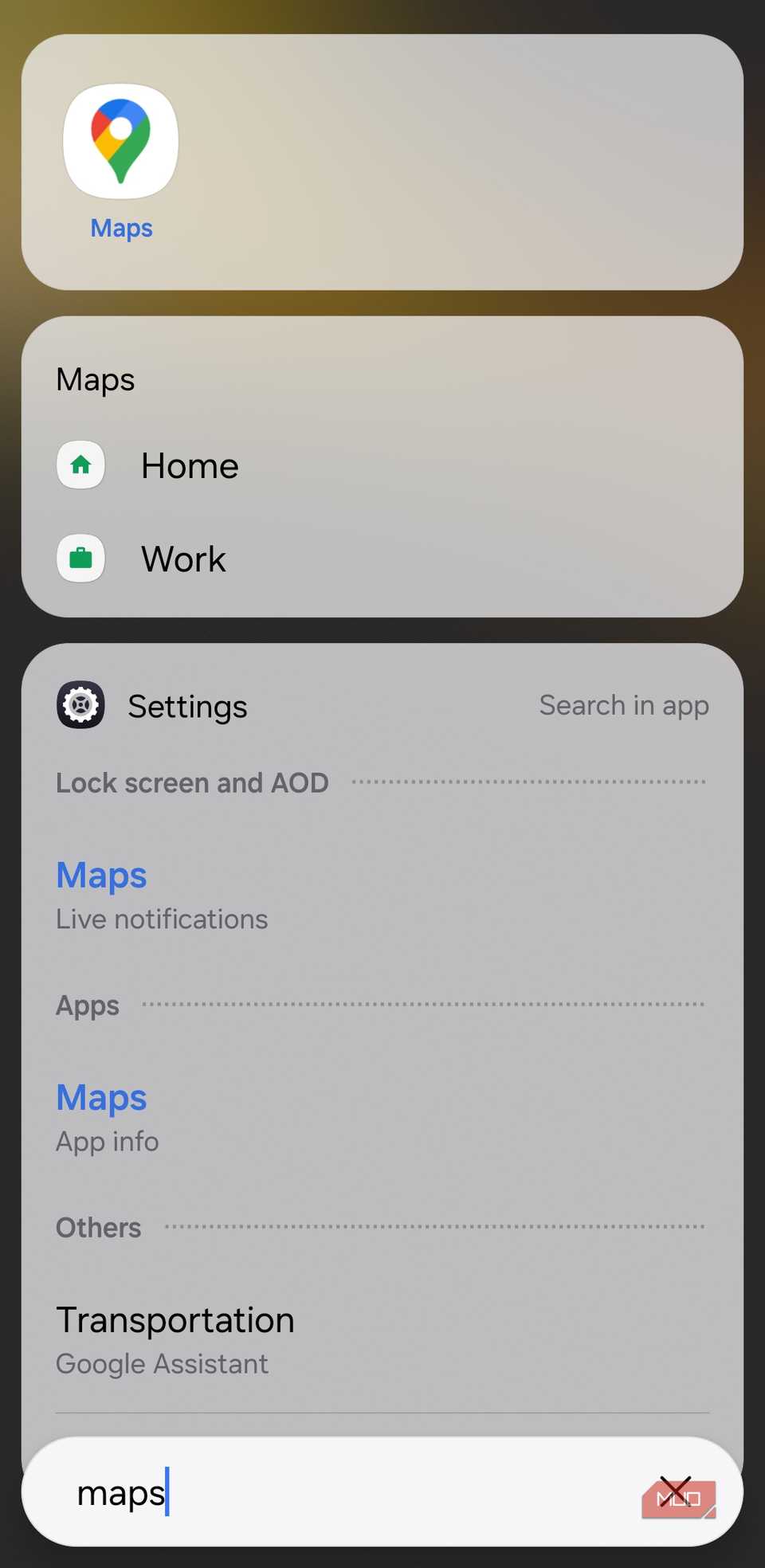 Google Maps saved places in Samsung phone search