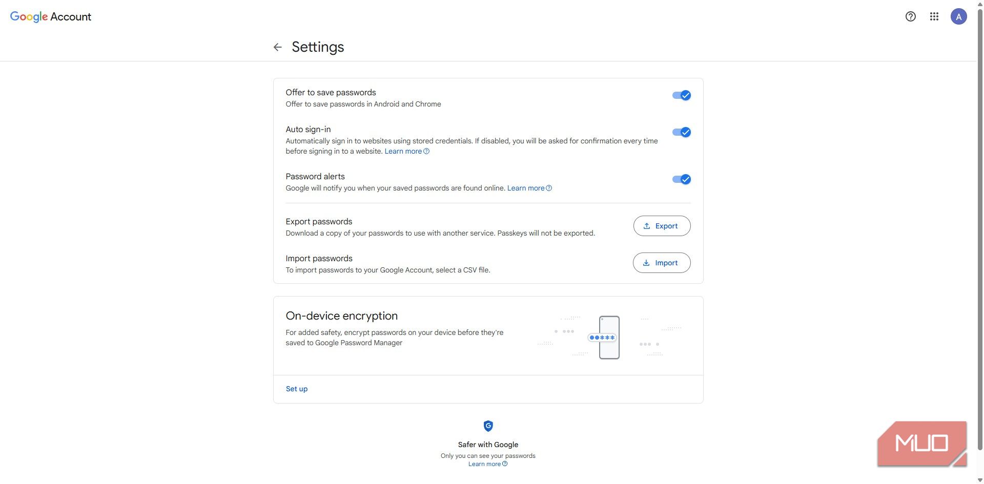 Google online password manager settings