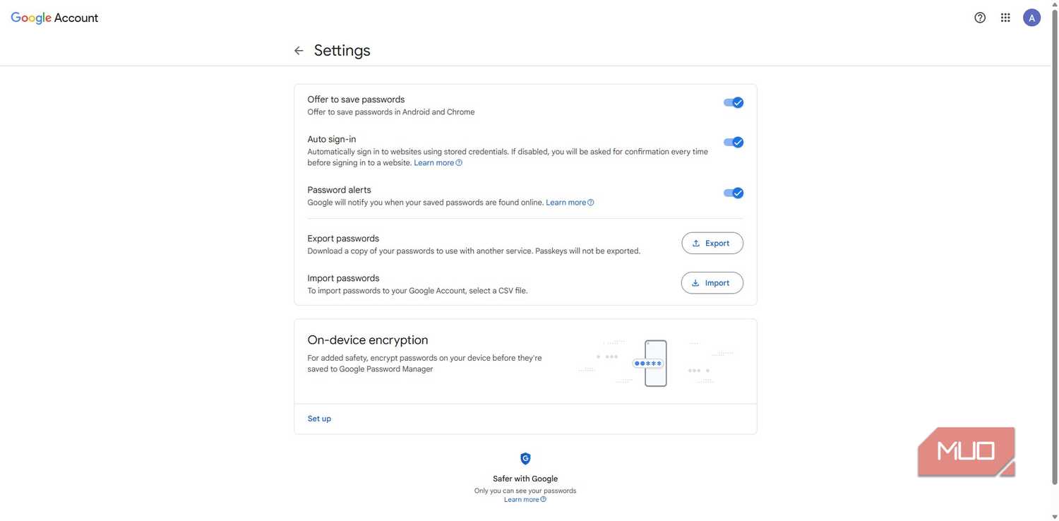 Google online password manager settings