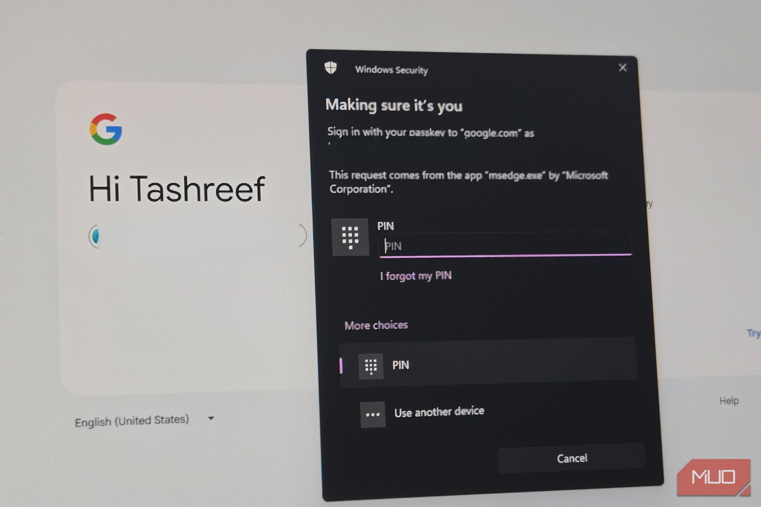 Google passkey sign showing Windows hello dialog