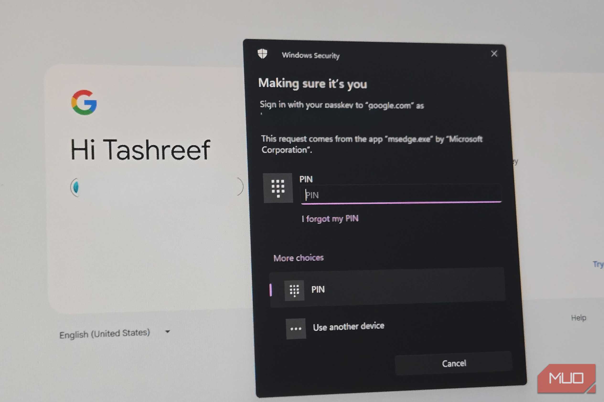 Google passkey sign showing Windows hello dialog