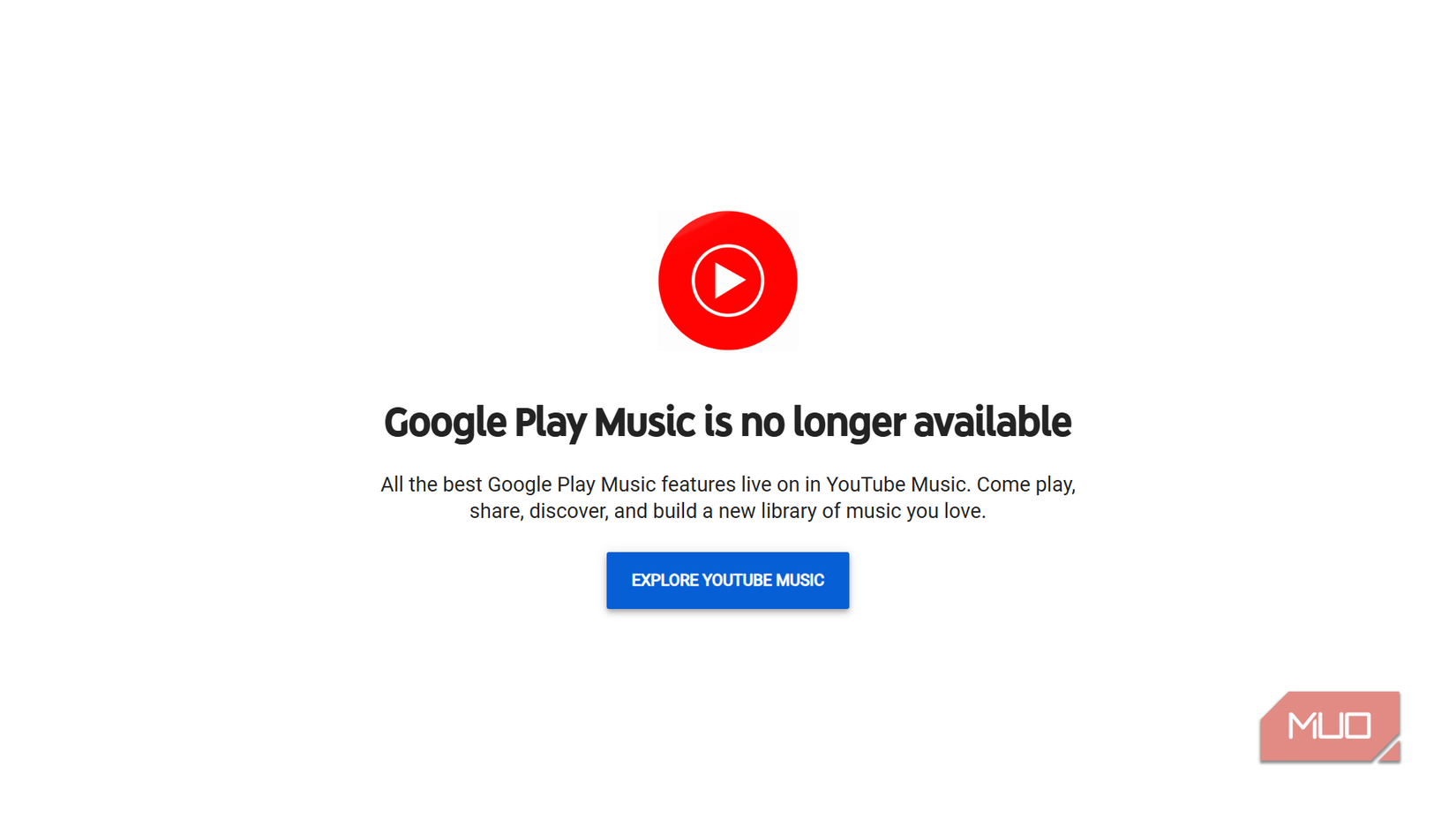 Google Play Music sunset notice redirecting to YouTube Music.