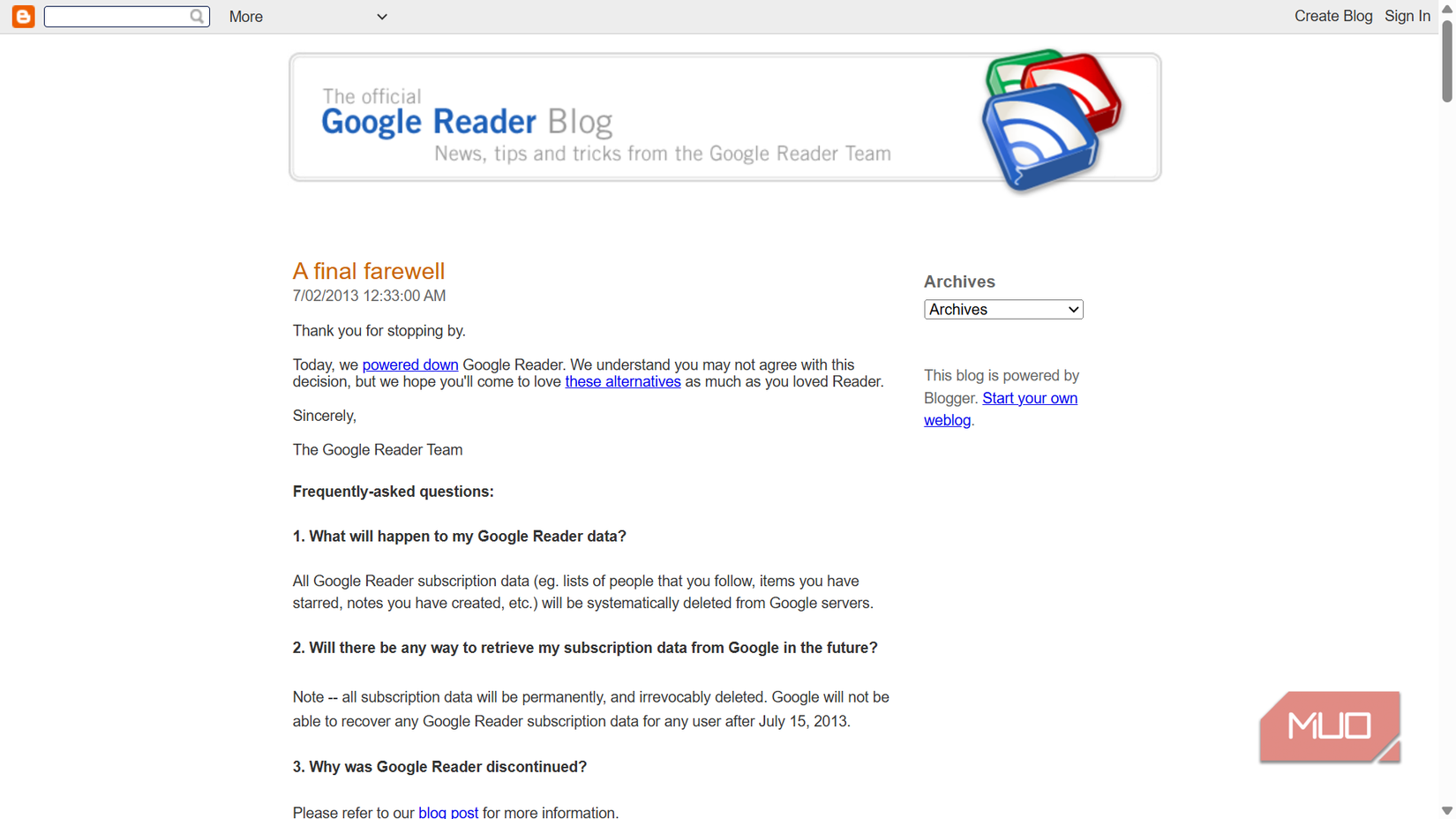 Google Reader blog post announcing shutdown on July 2, 2013.