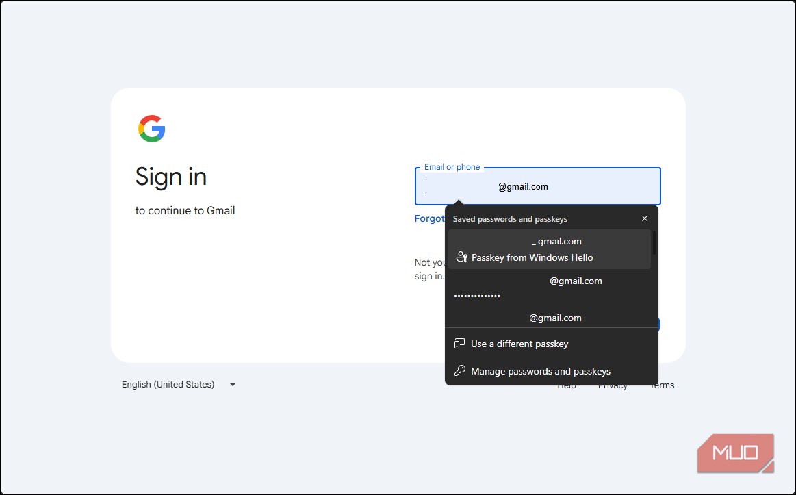 Google sign in with passkey from Windows hellow option