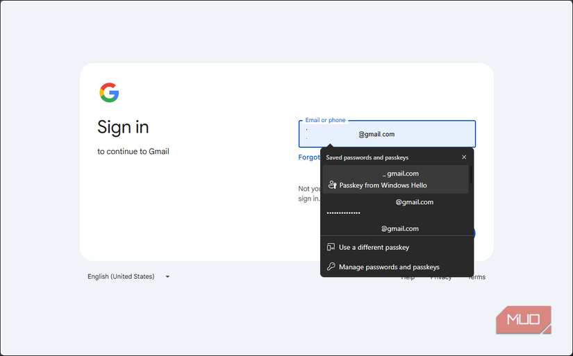 Google sign in with passkey from Windows hellow option