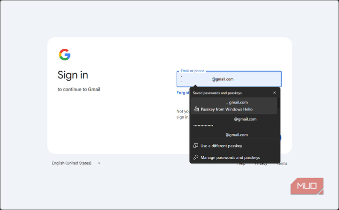 Google sign in with passkey from Windows hellow option