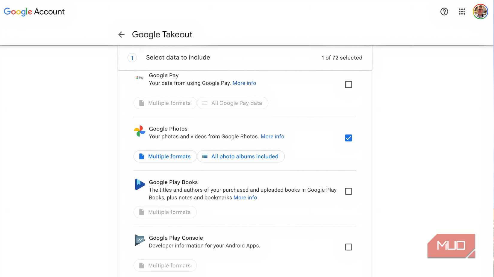 An example of Google Takeout being shown in a browser on a Mac.