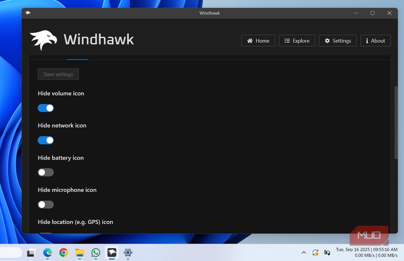 Hide taskbar icons using Windhawk module