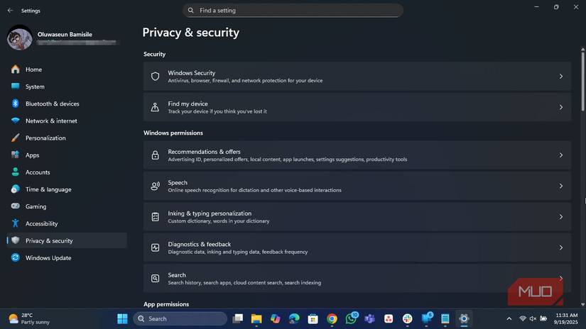 Privacy & security page in Windows 11 Settings