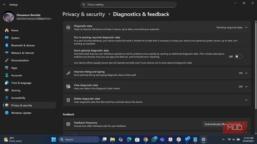 Diagnostics and feedback page in Windows 11 Settings