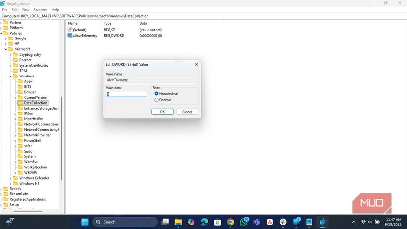 Registry editor in Windows 11