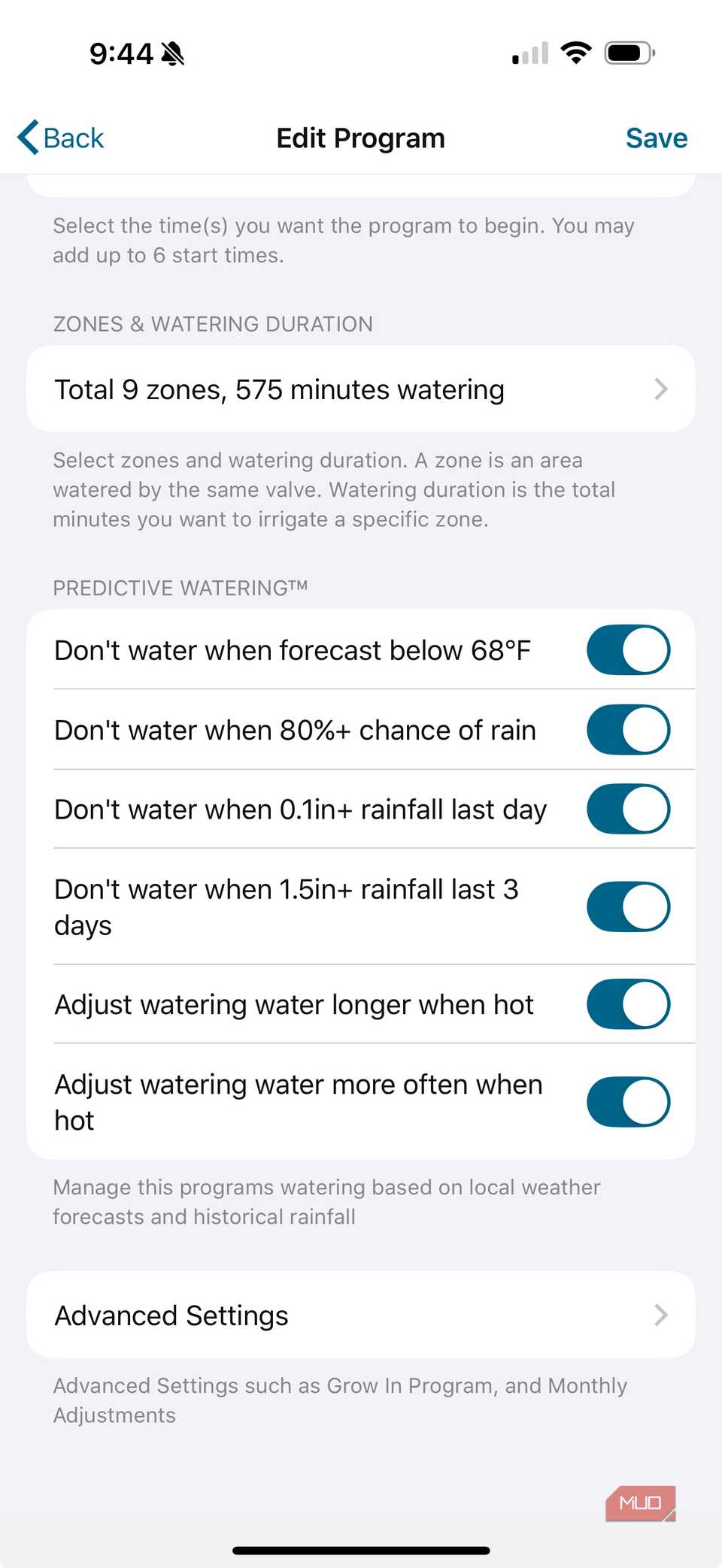 Hydrawise predictive watering features toggled on
