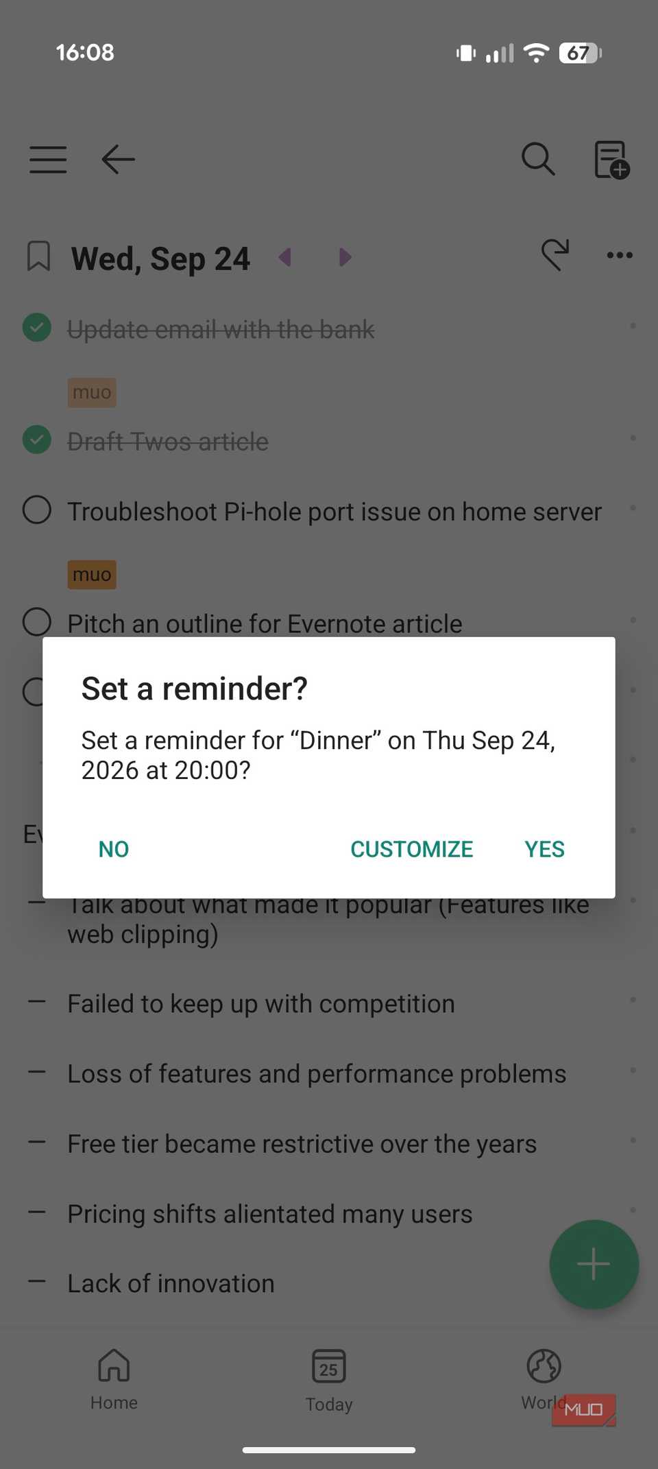 AI prompt in Twos asking to create a reminder for a dinner to-do.