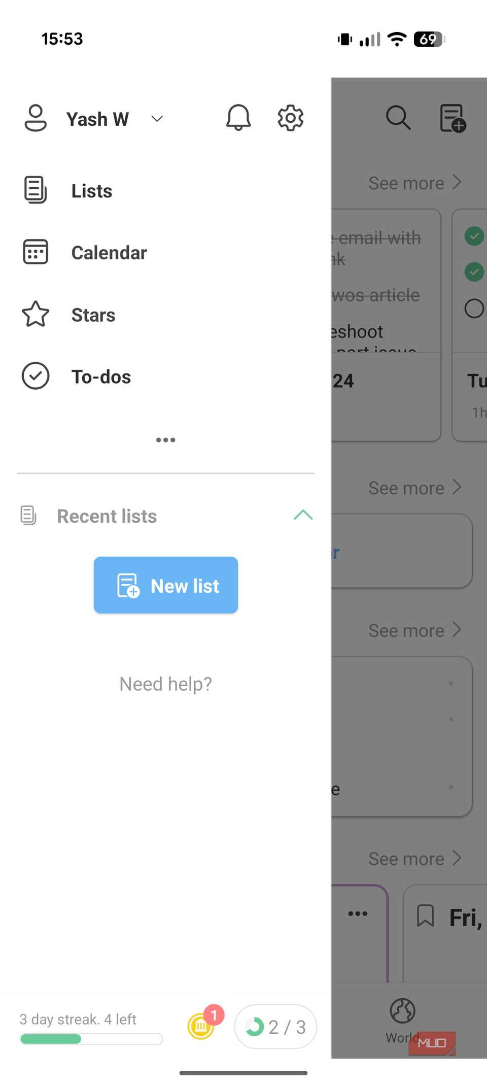 Sidebar menu options in Twos Android app.