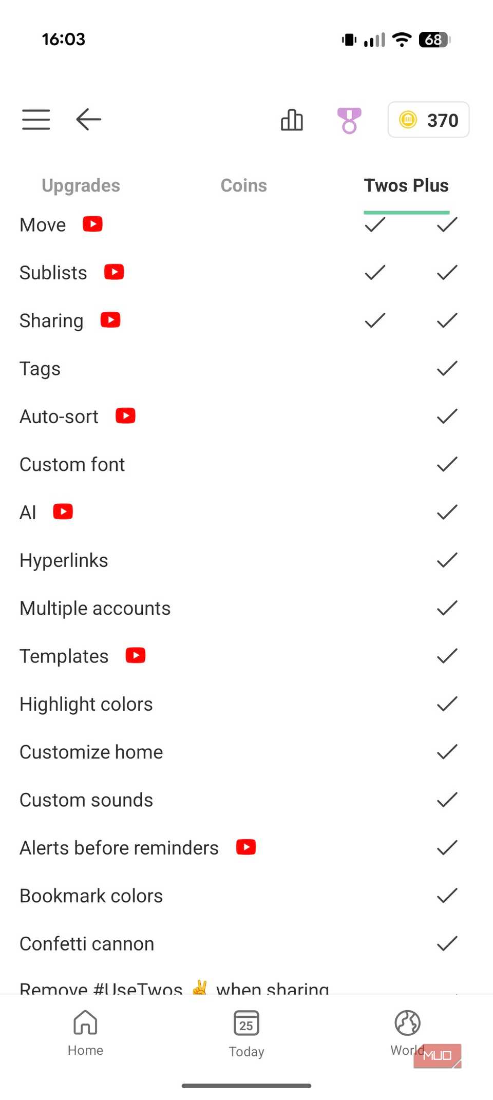 Comparison of Twos Free and Plus plans features.