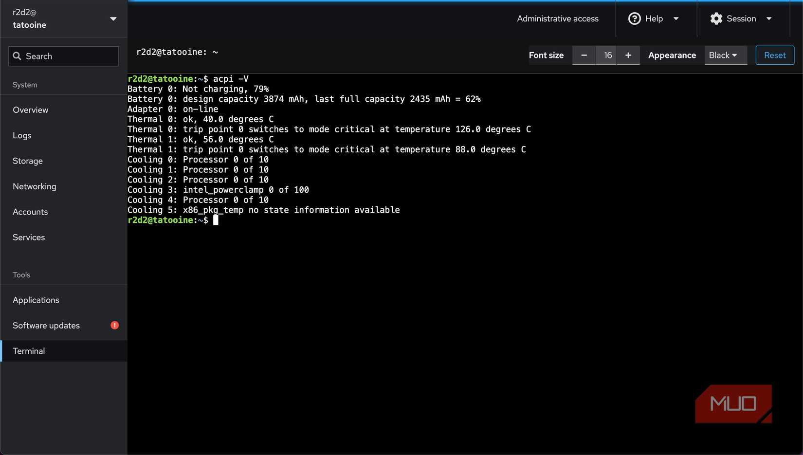 acpi -V command output showing battery information of a laptop running Ubuntu Server.