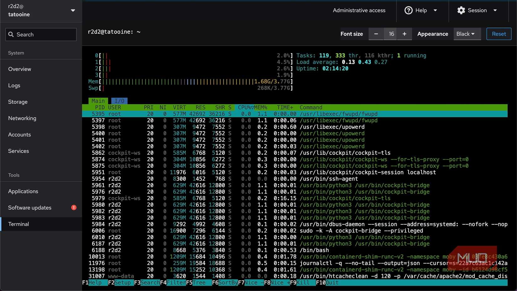 htop command output in the terminal app on an Ubuntu Server.