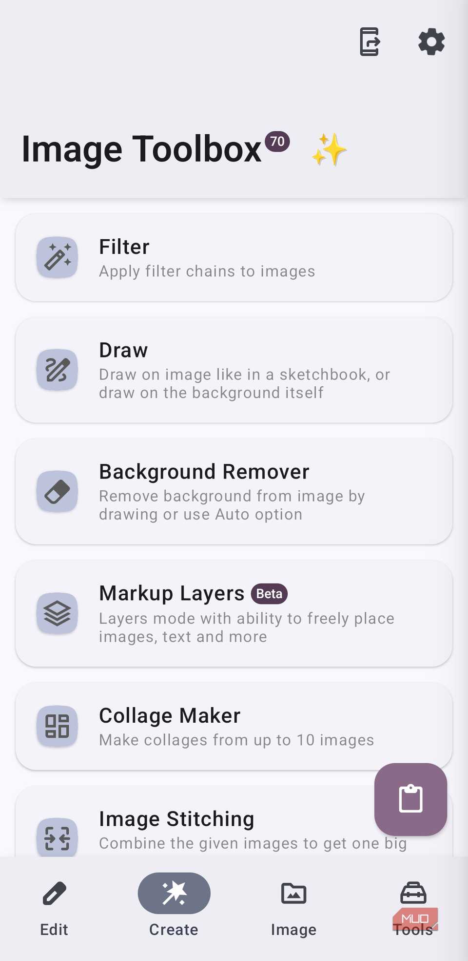 Image Toolbox app create options on Android
