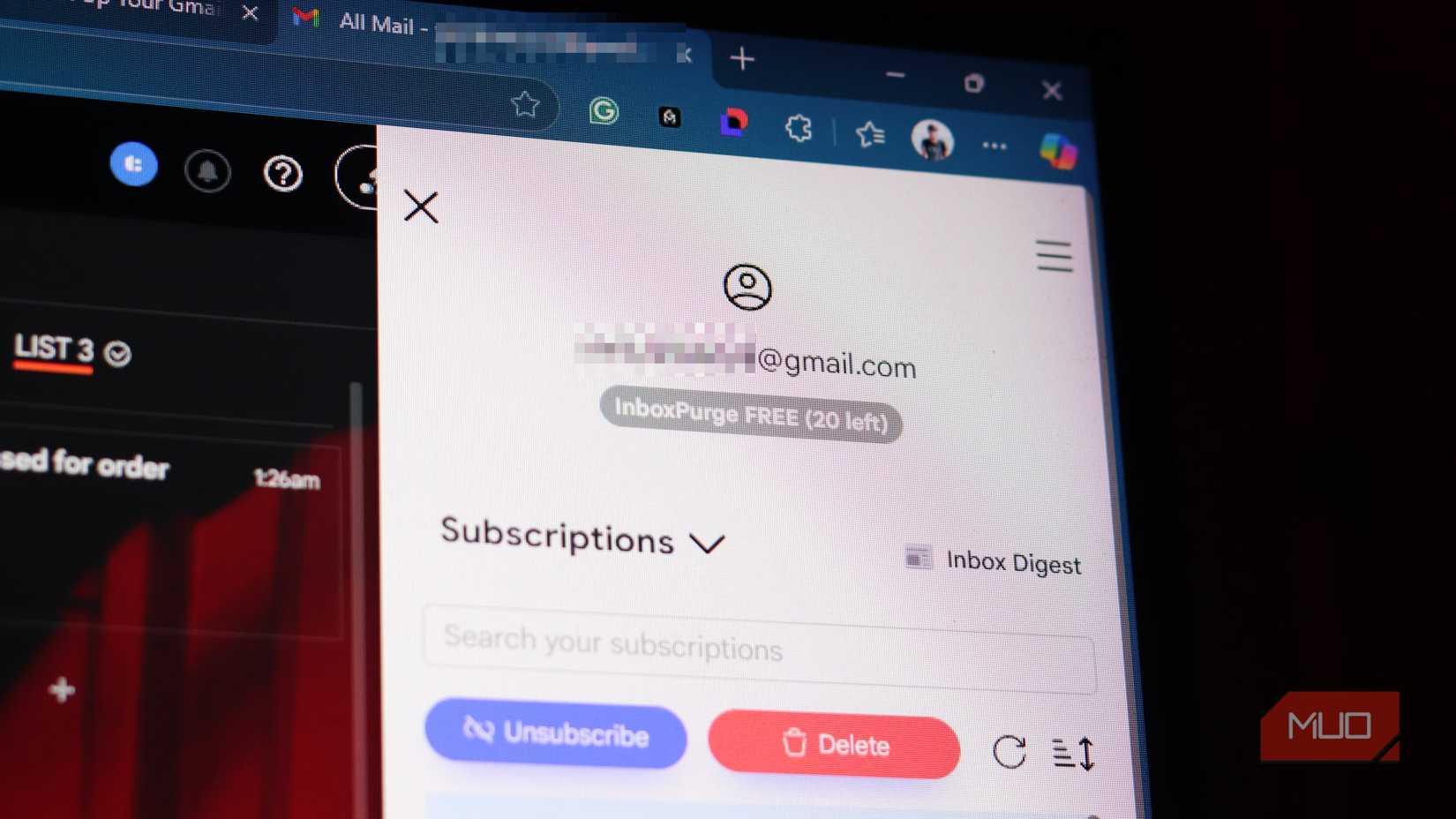 InboxPurge Extension running on Gmail.