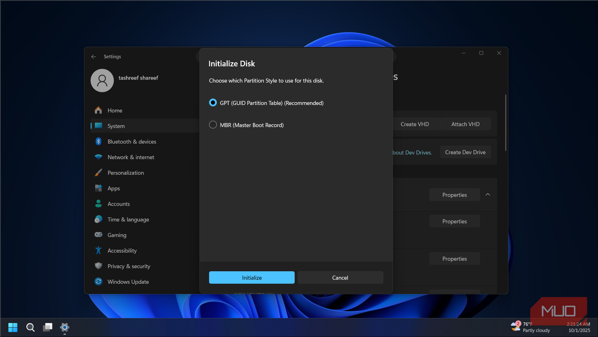 initialize VHD dialog on Windows 11