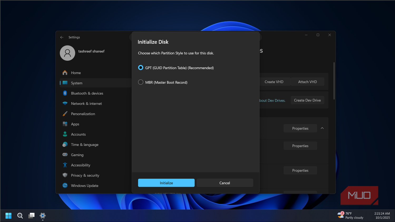 initialize VHD dialog on Windows 11