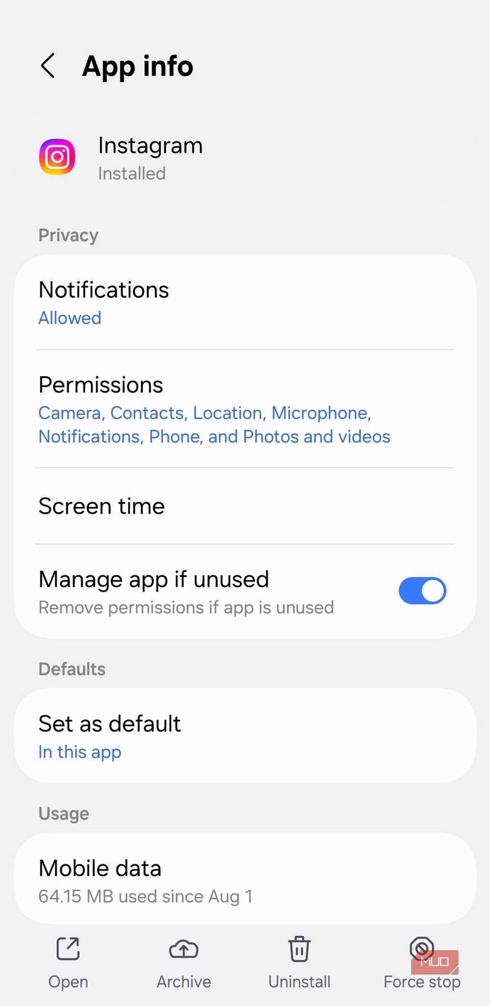 Instagram app info page on Samsung phone