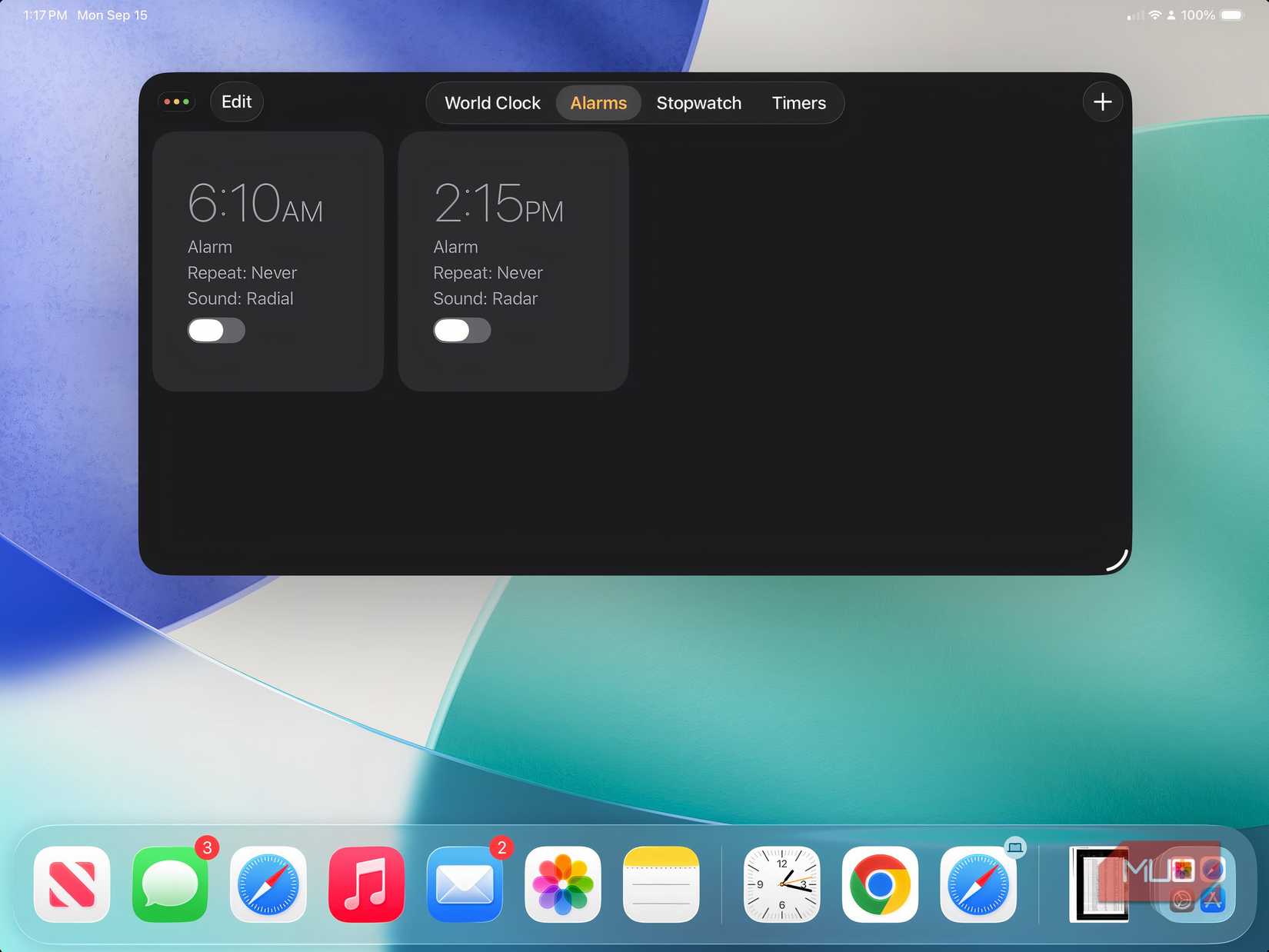 The official clock app on an iPad. 