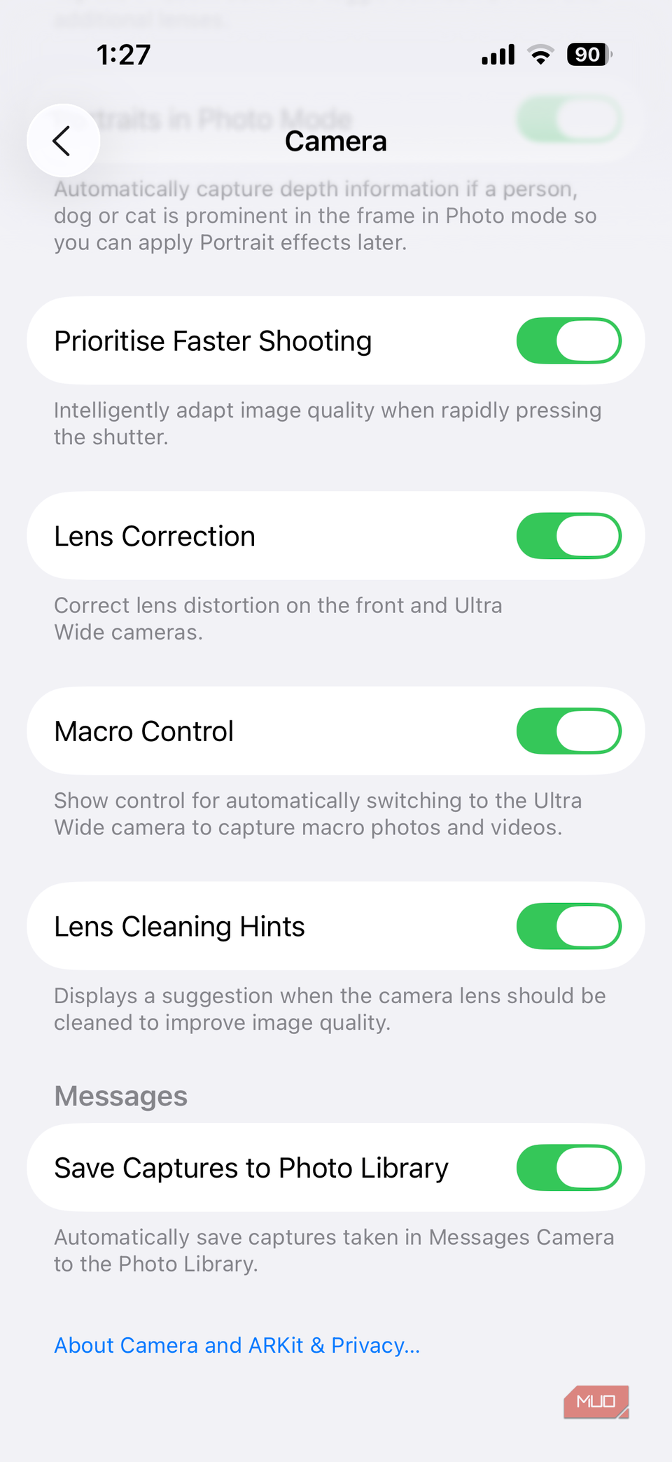 iPhone camera app settings menu