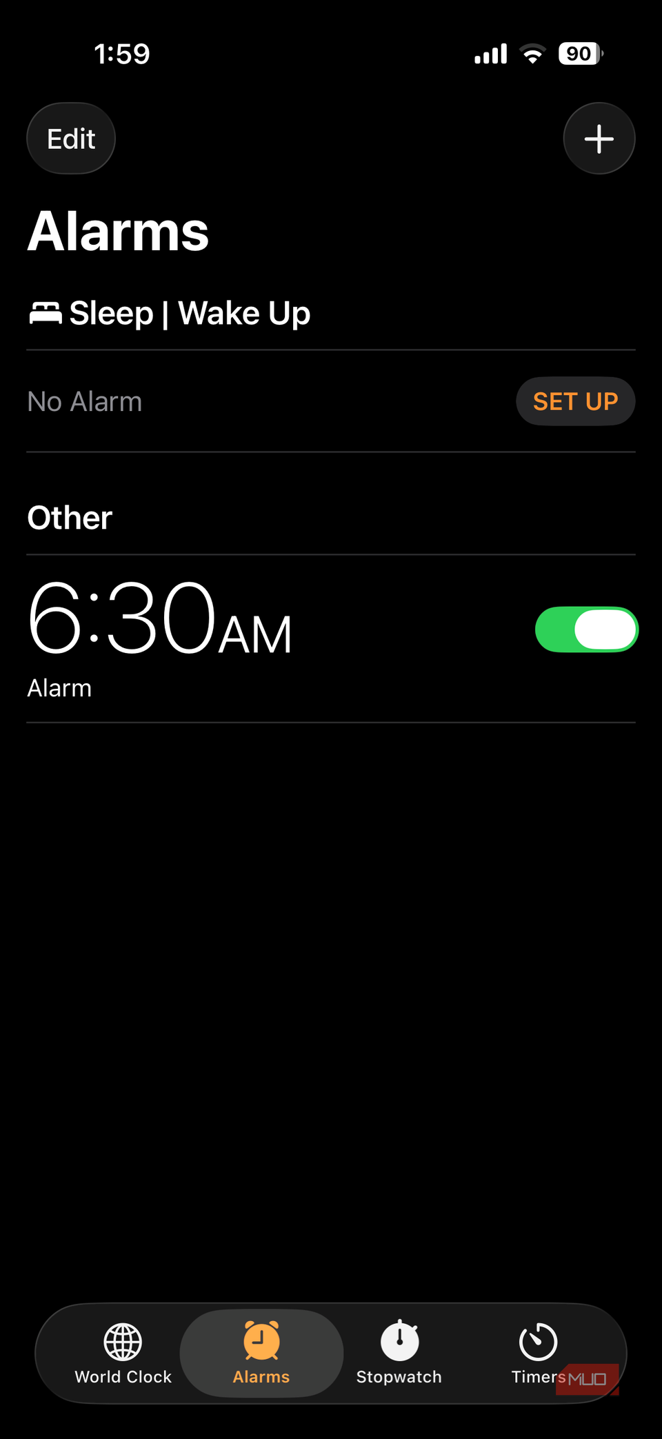 iPhone Clock app showing Alarms tab