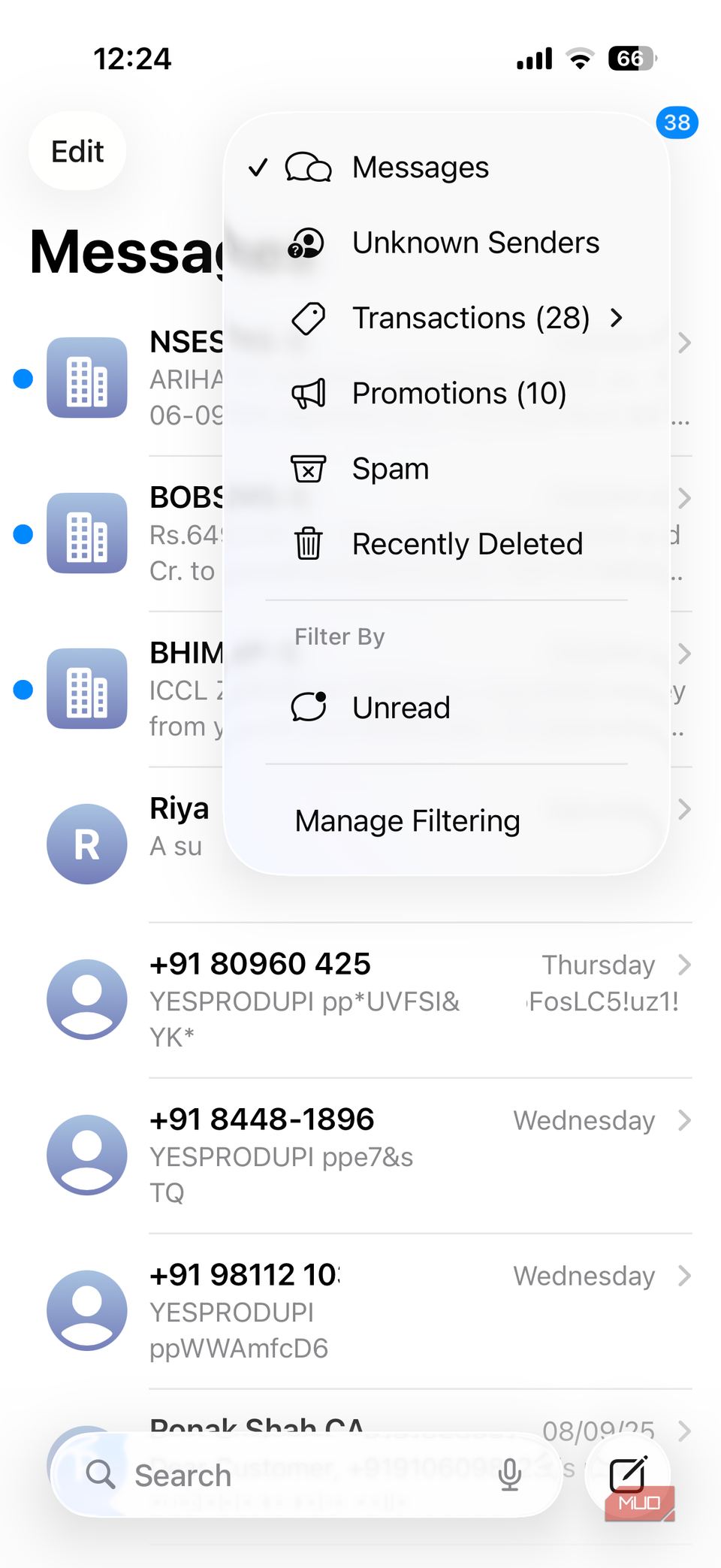 iPhone Messages app filter menu