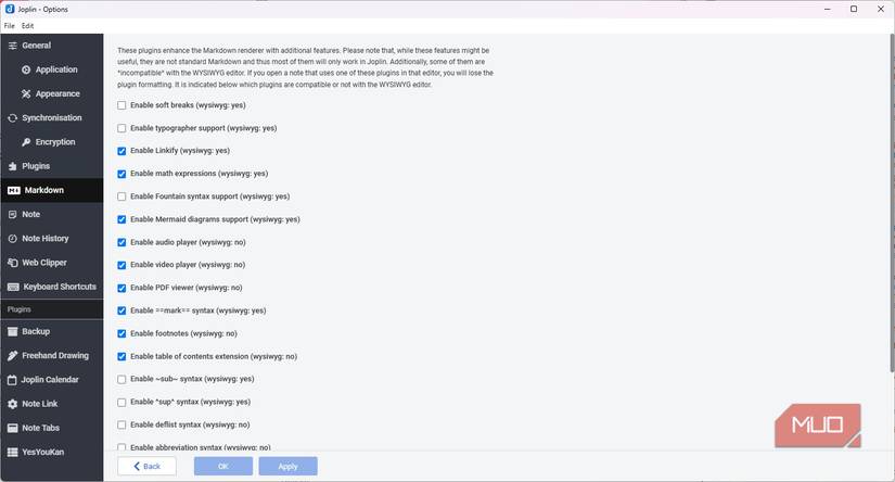 Joplin Markdown settings