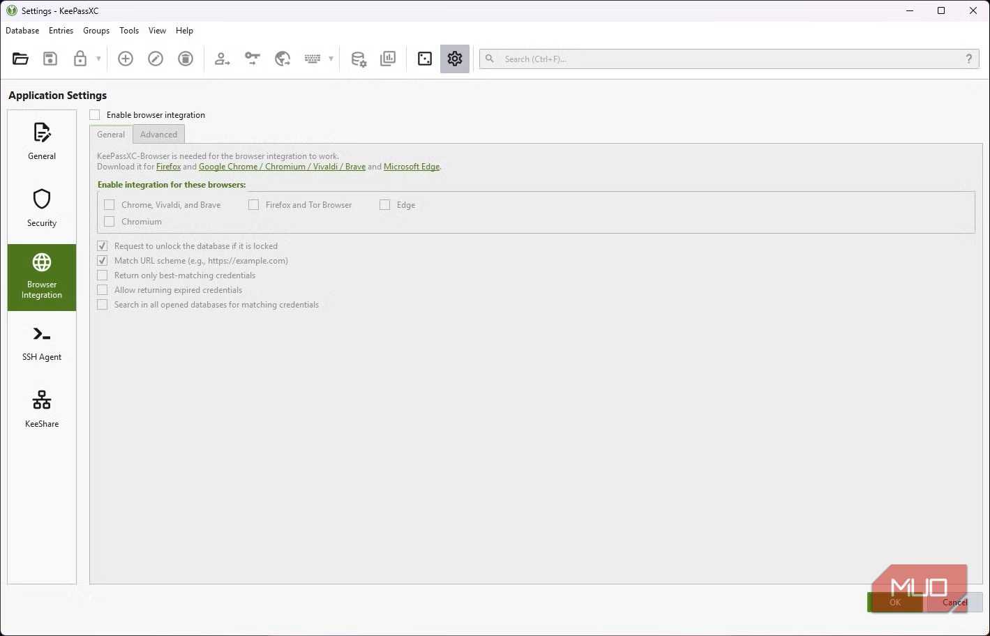 keepassxc browser integration options